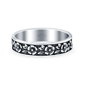 Flowers Oxidized Band Solid 925 Sterling Silver Thumb Ring (5mm)